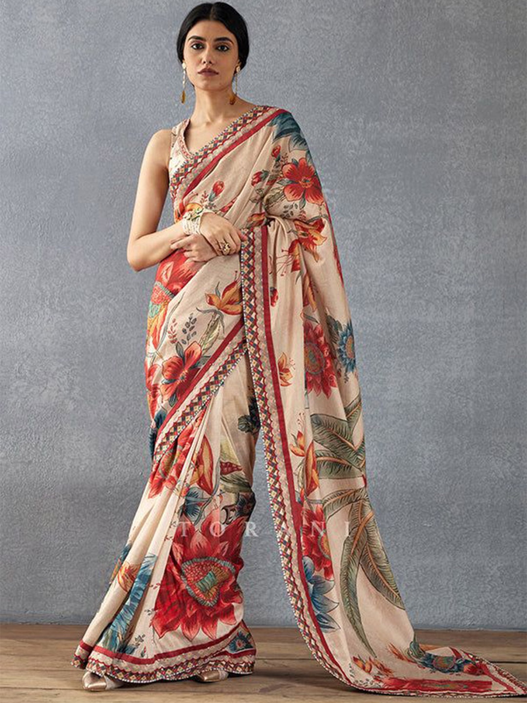 

Roop Sundari Sarees Floral Printed Saree With Unstitched Blouse Piece, Camel brown
