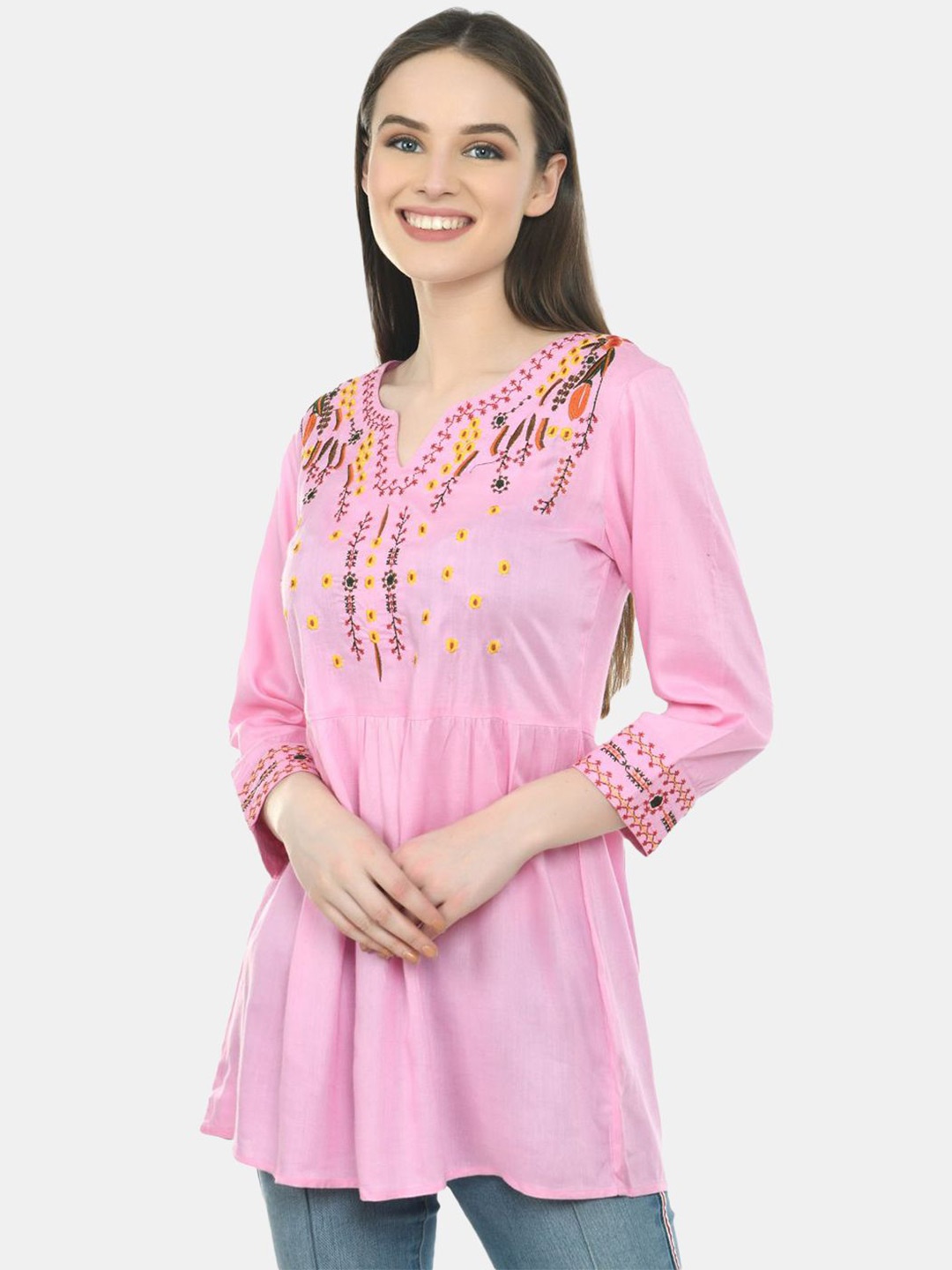 

VAAMII Women Embroidered Sweetheart Neck Empire Top, Pink