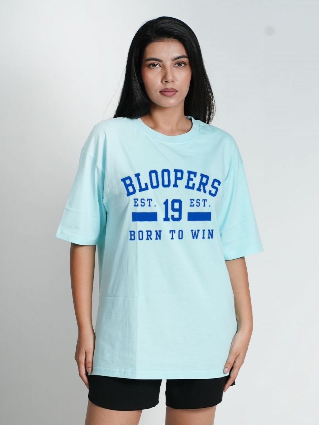

Bloopers Store Women Typography Printed Round Neck Cotton Oversized T-shirt, Blue