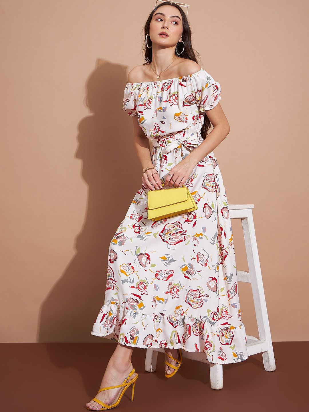 

CORSICA Women Floral Printed Off-Shoulder Puff Sleeve A-Line Dress, White