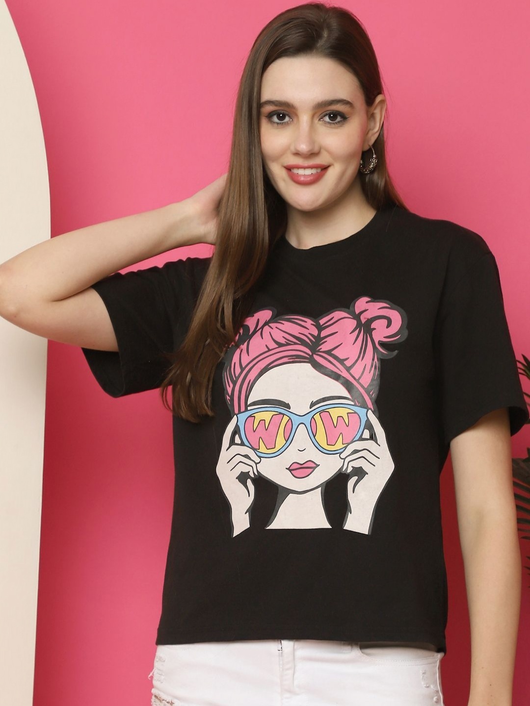 

Metronaut Women Graphic Printed Round Neck Cotton Oversized T-shirt, Black