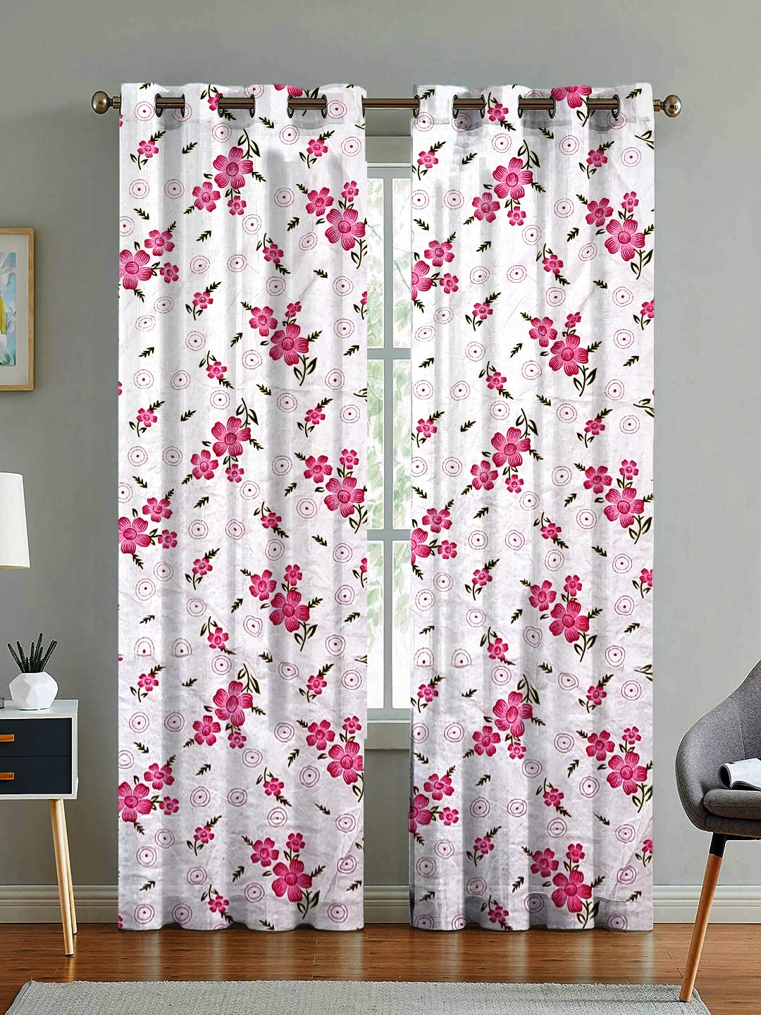 

ANA Pink & White Set of 2 Floral Room Darkening Door Curtain