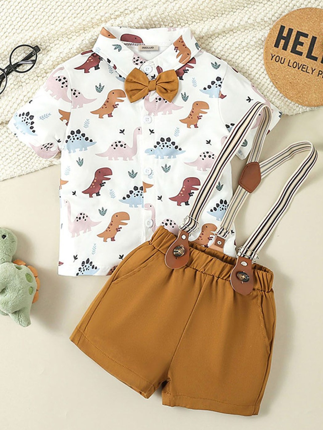 

INCLUD Boys Printed Shirt With Suspender Shorts, Brown