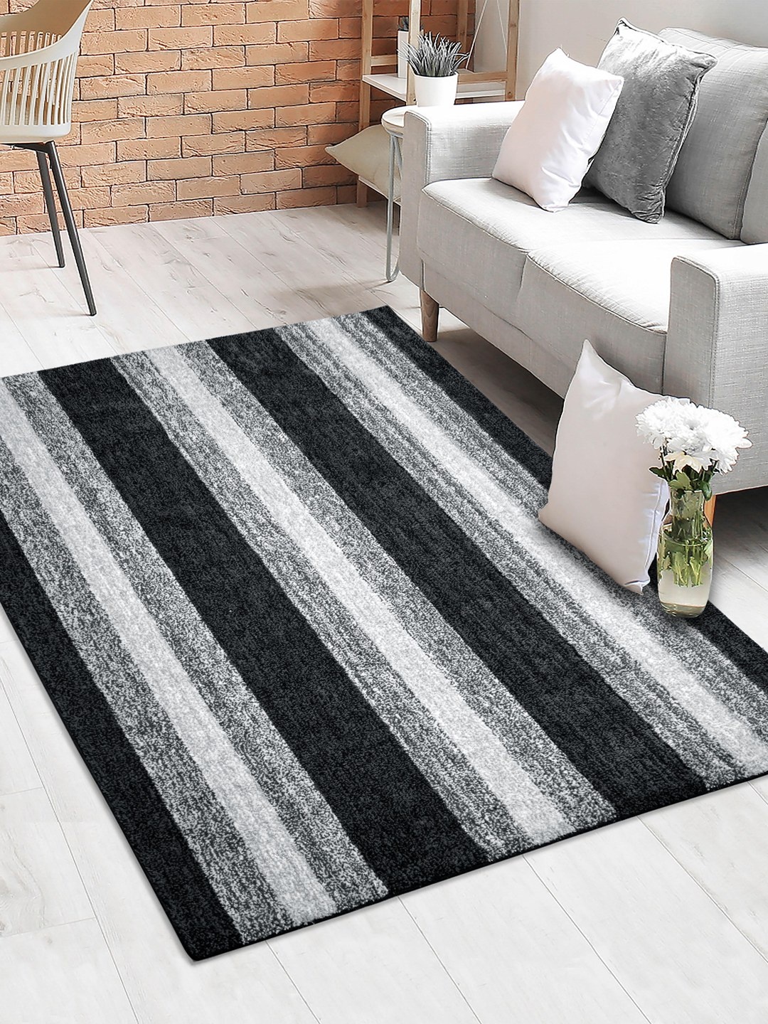 

Saral Home Black Striped Anti-Skid Polyester Carpet