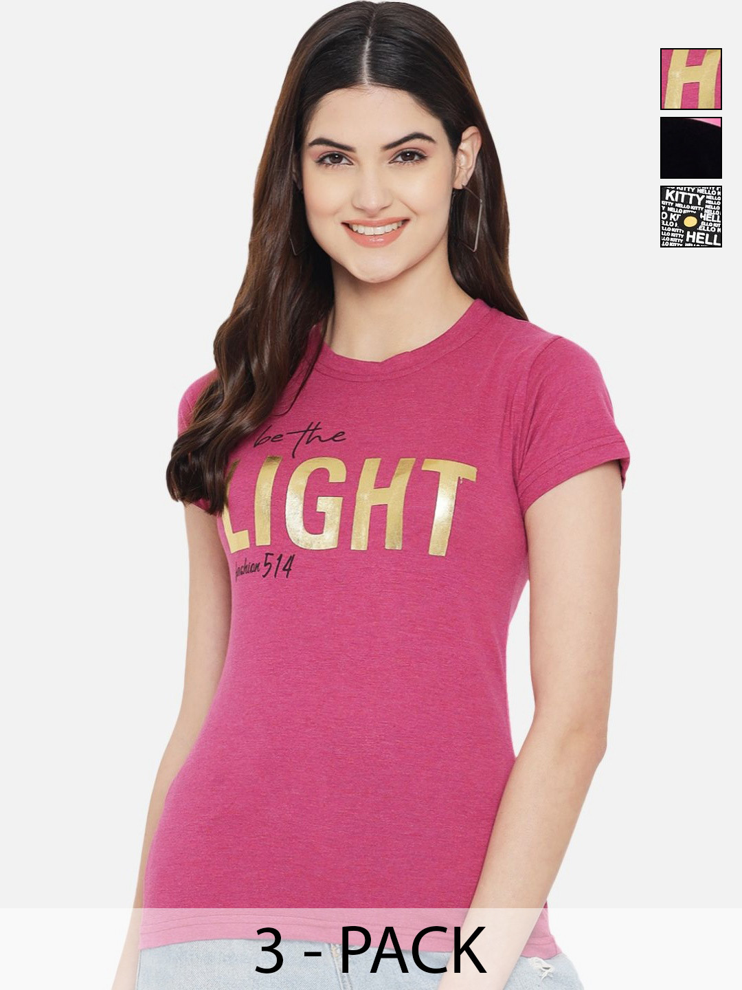 

Dreambe Pack Of 3 Typographic Printed Round Neck T-shirt, Pink
