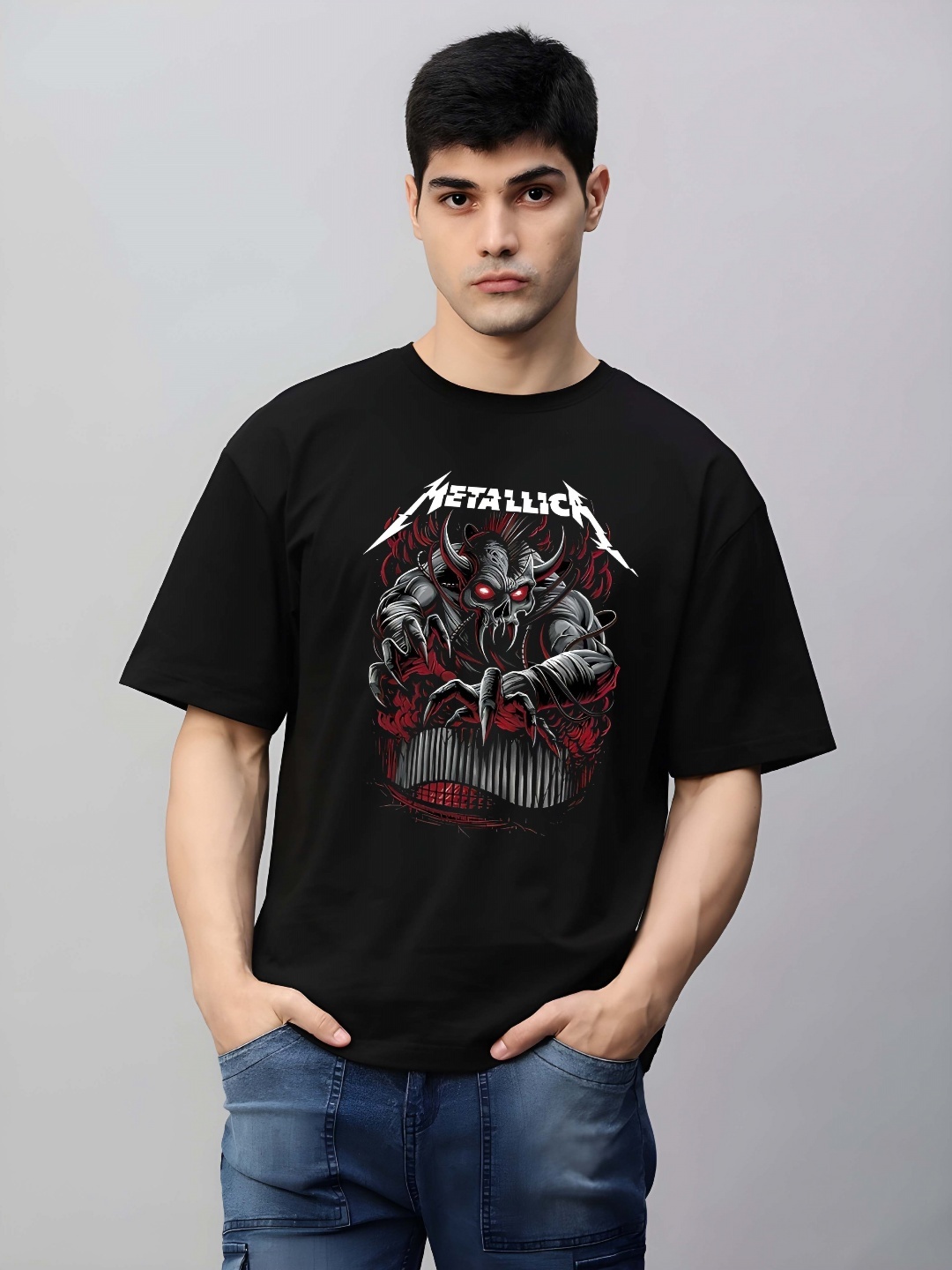 

THE BEETEL HOUSE Men Graphic Printed Round Neck Cotton Oversized T-shirt, Black