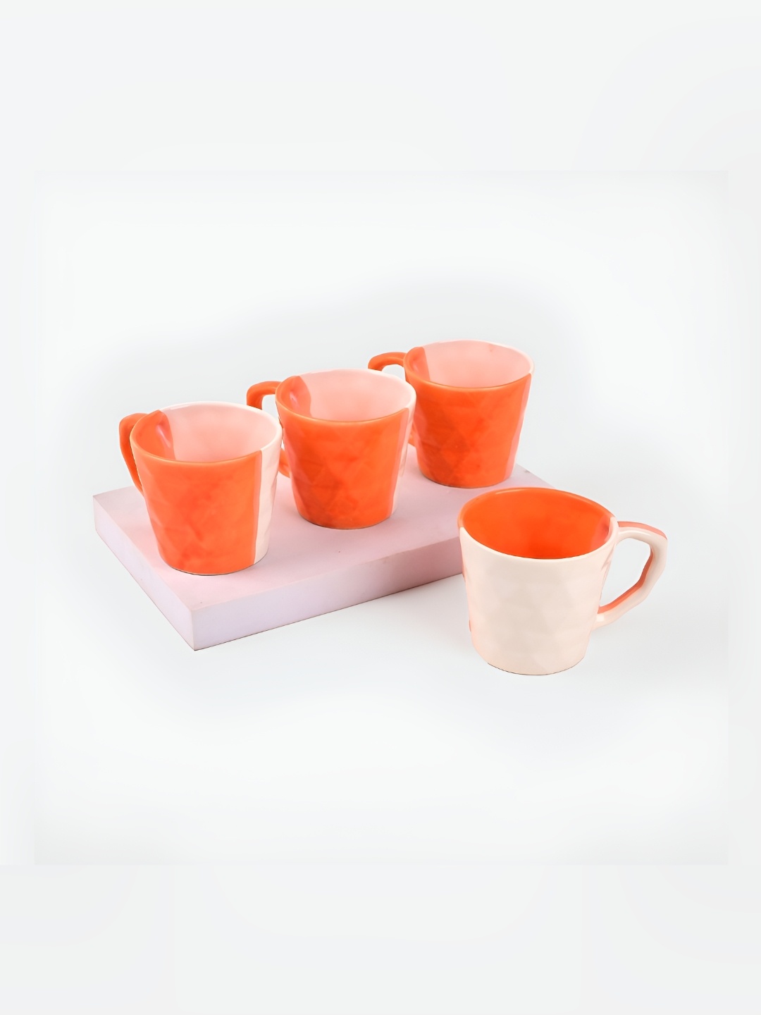 

Storepedia White & Orange 4 Pieces Diamond Pattern Ceramic Matte Mugs-150 ml Each