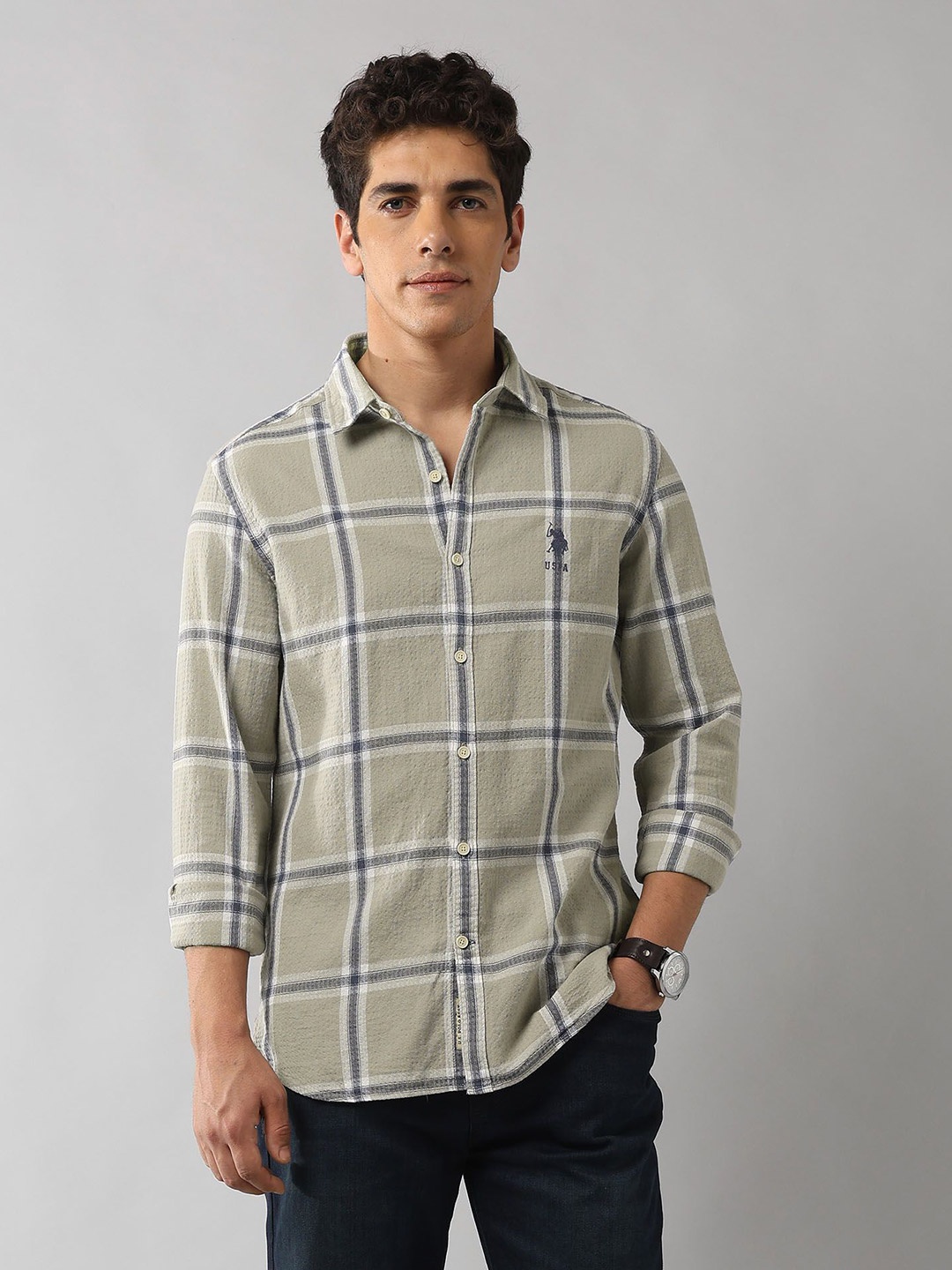 

U.S. Polo Assn. Denim Co. Men Classic Regular Fit Checked Cotton Casual Shirt, Sea green