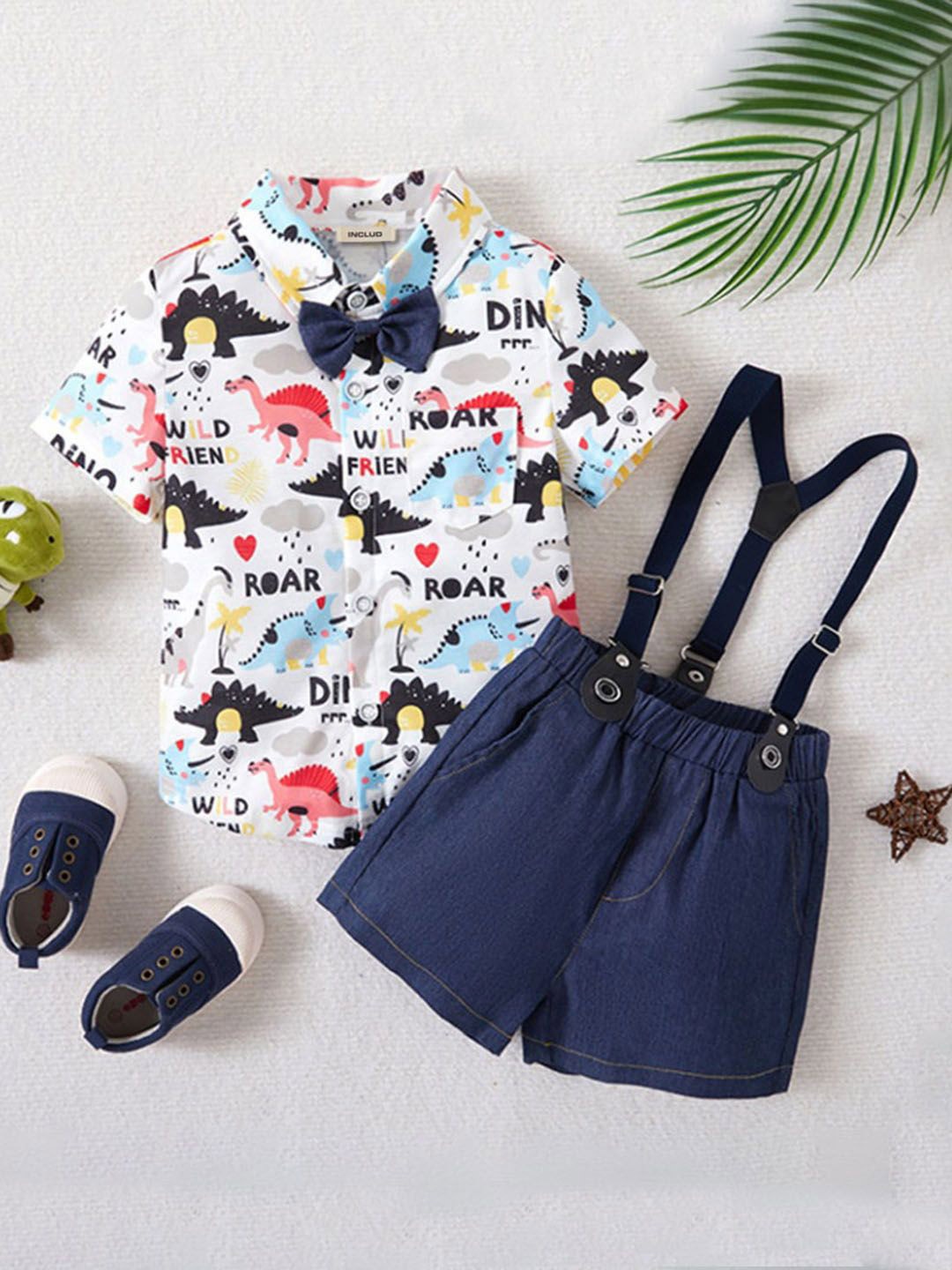 

INCLUD Boys Animal Printed Shirt Collar Shirt With Suspender Shorts, White