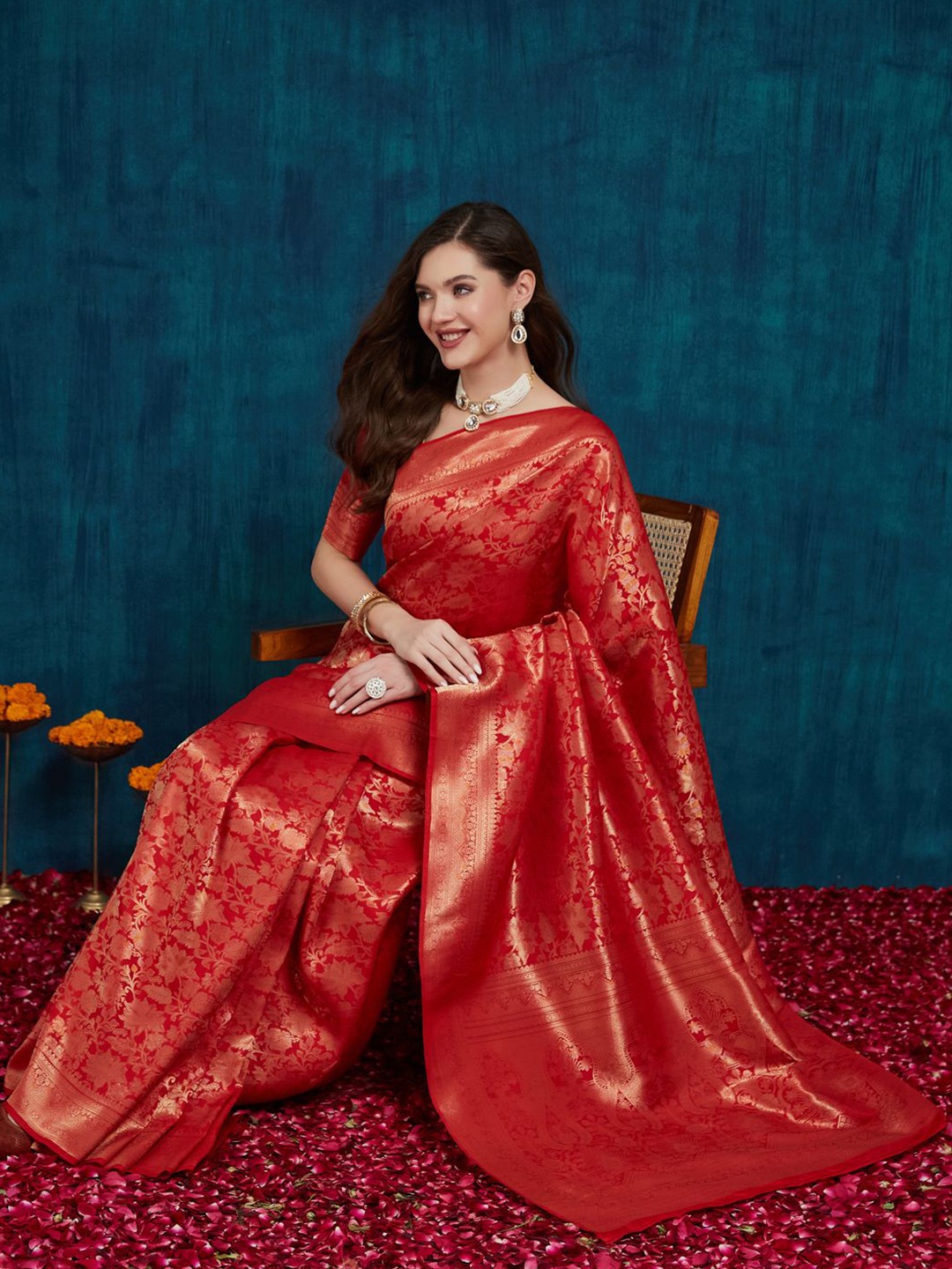 

RAJGRANTH Woven Design Pure Silk Kanjeevaram Saree, Red