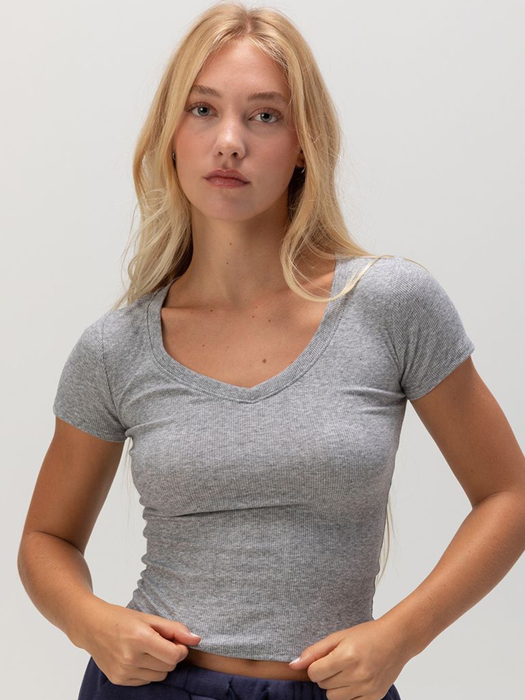 

CORSICA Women Cotton Solid Fitted Top, Grey