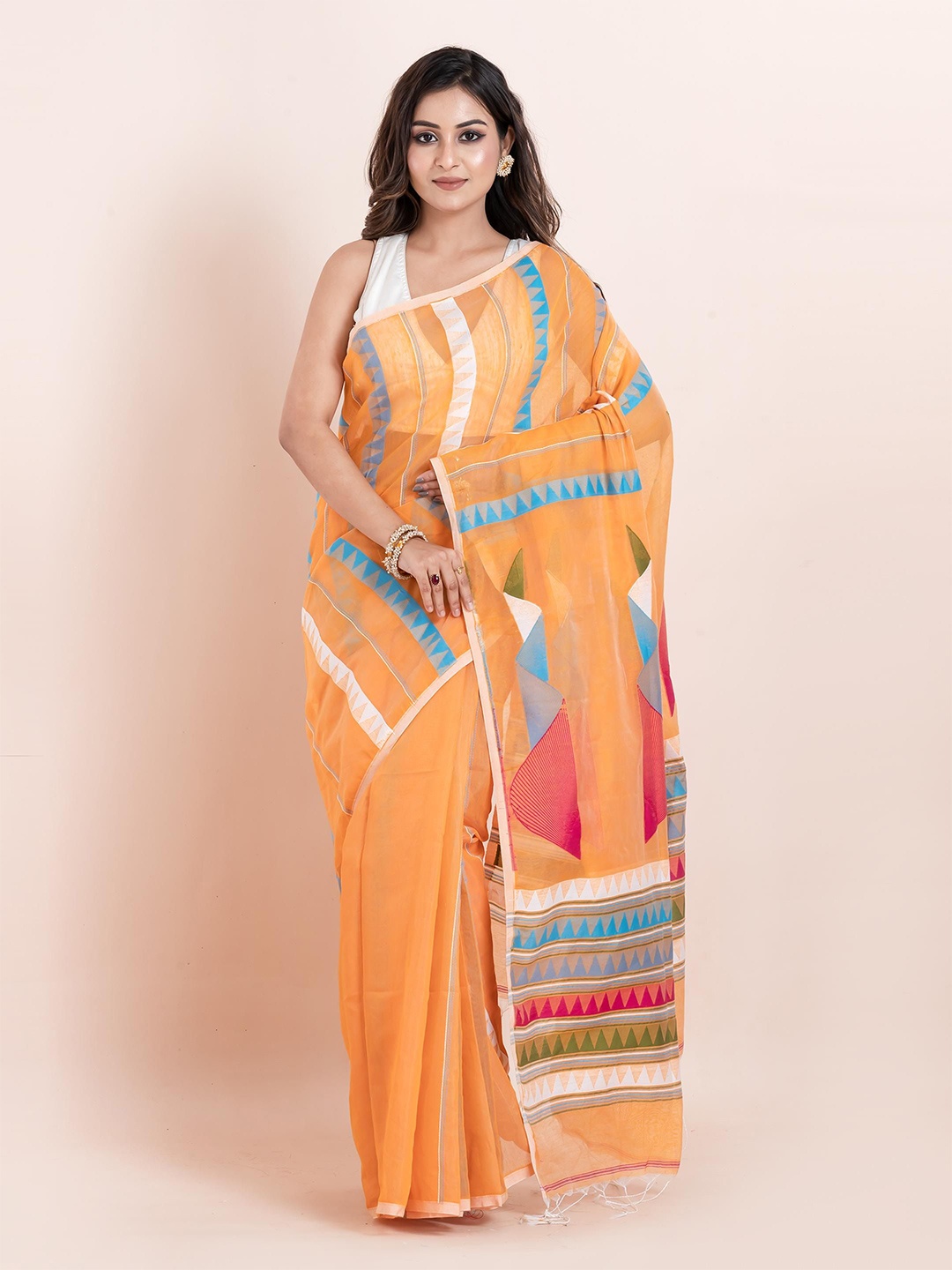 

PUKU Geometric Woven Design Saree, Orange