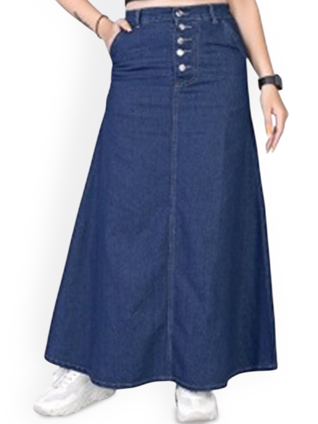 

Tripursundari Fashion Women Dyed Five Buttoned A-Line Maxi Skirt, Navy blue