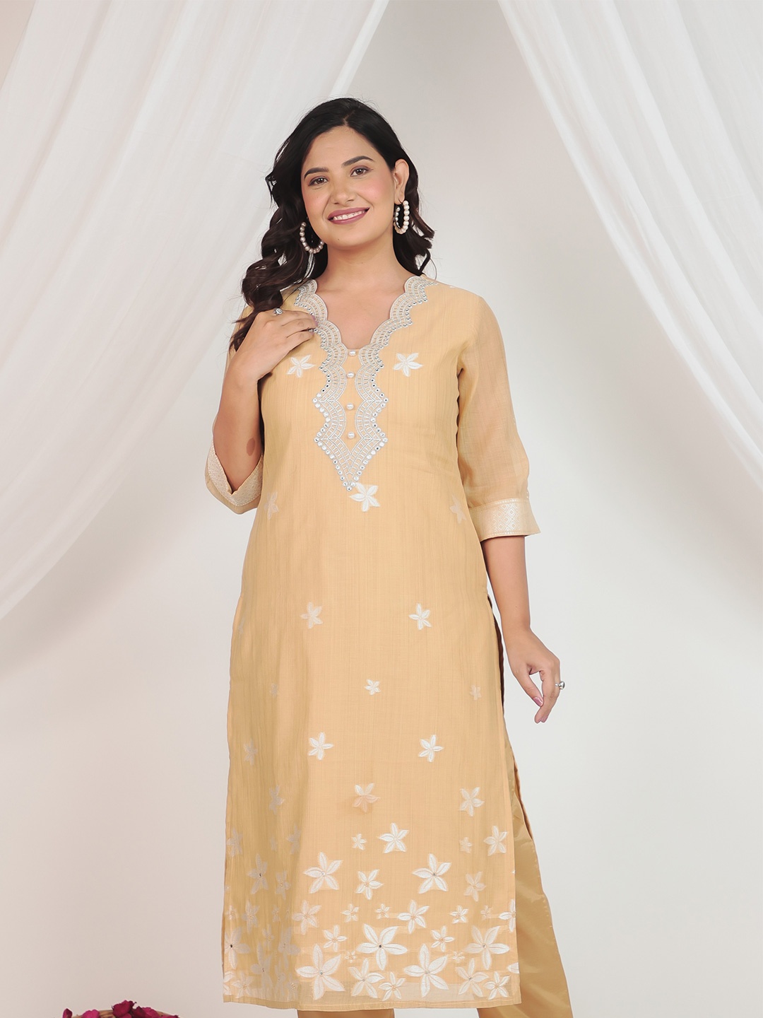 

Aramya Floral Printed Mirror Work Chanderi Cotton Straight Kurta, Yellow