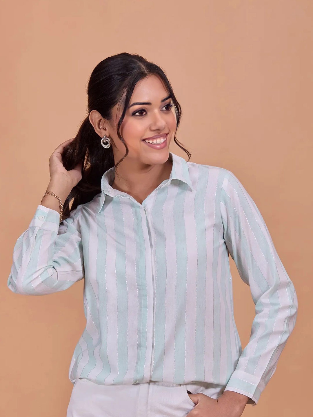 

all about you Women Oversized Fit Spread Collar Vertical Striped Casual Shirt, Sea green