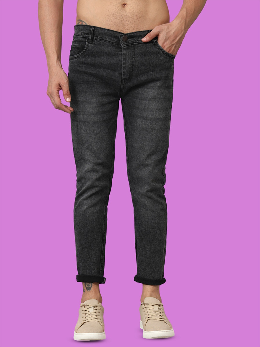 

COMFITS Men Classic Regular Fit Light Fade Cotton Stretchable Jeans, Grey