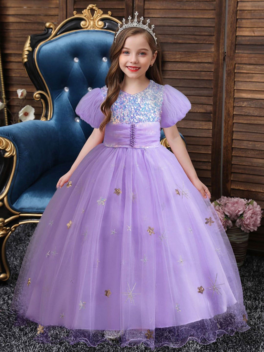 

INCLUD Girls Sequined Embellished Puff Sleeve Tulle Maxi Dress, Purple