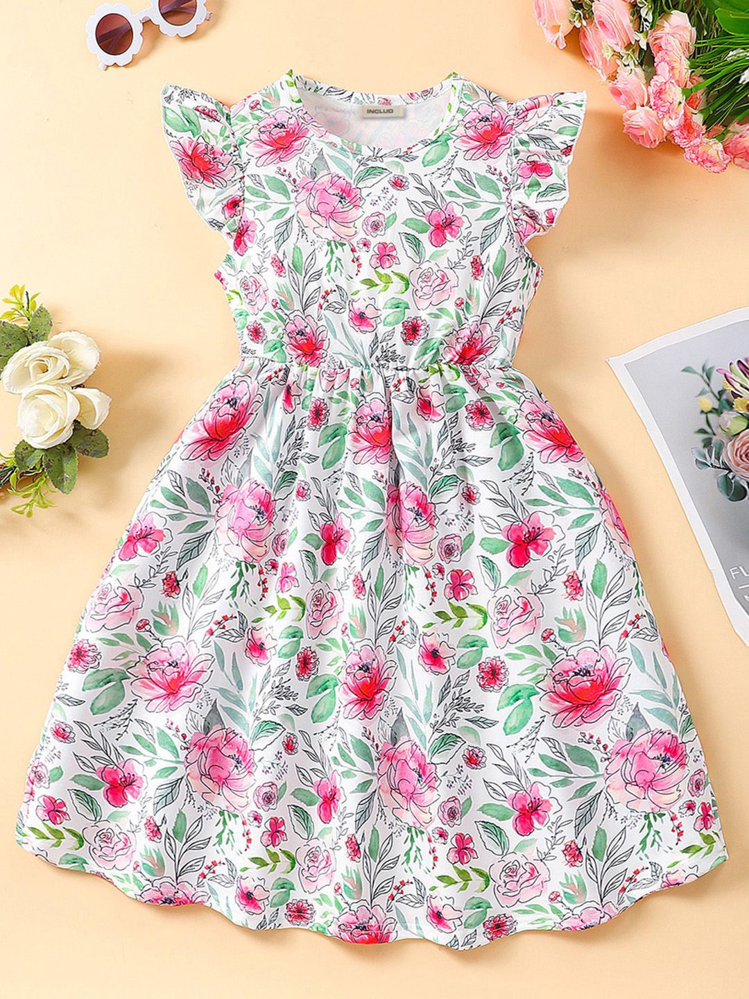 

INCLUD Floral Print Flutter Sleeve Fit & Flare Dress, Green