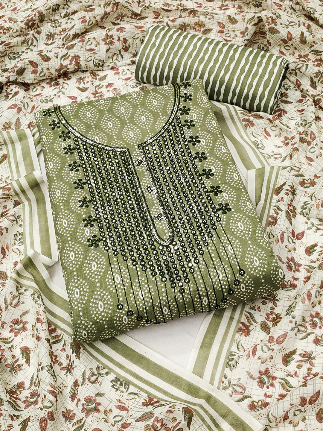 

SHADOW & SAINING Ethnic Motifs Printed Sequinned Pure Cotton Semi-Stitched Dress Material, Green