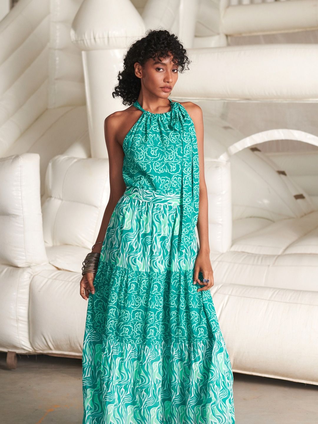 

Zenava by Myntra Floral Print Halter Neck Maxi Dress, Blue