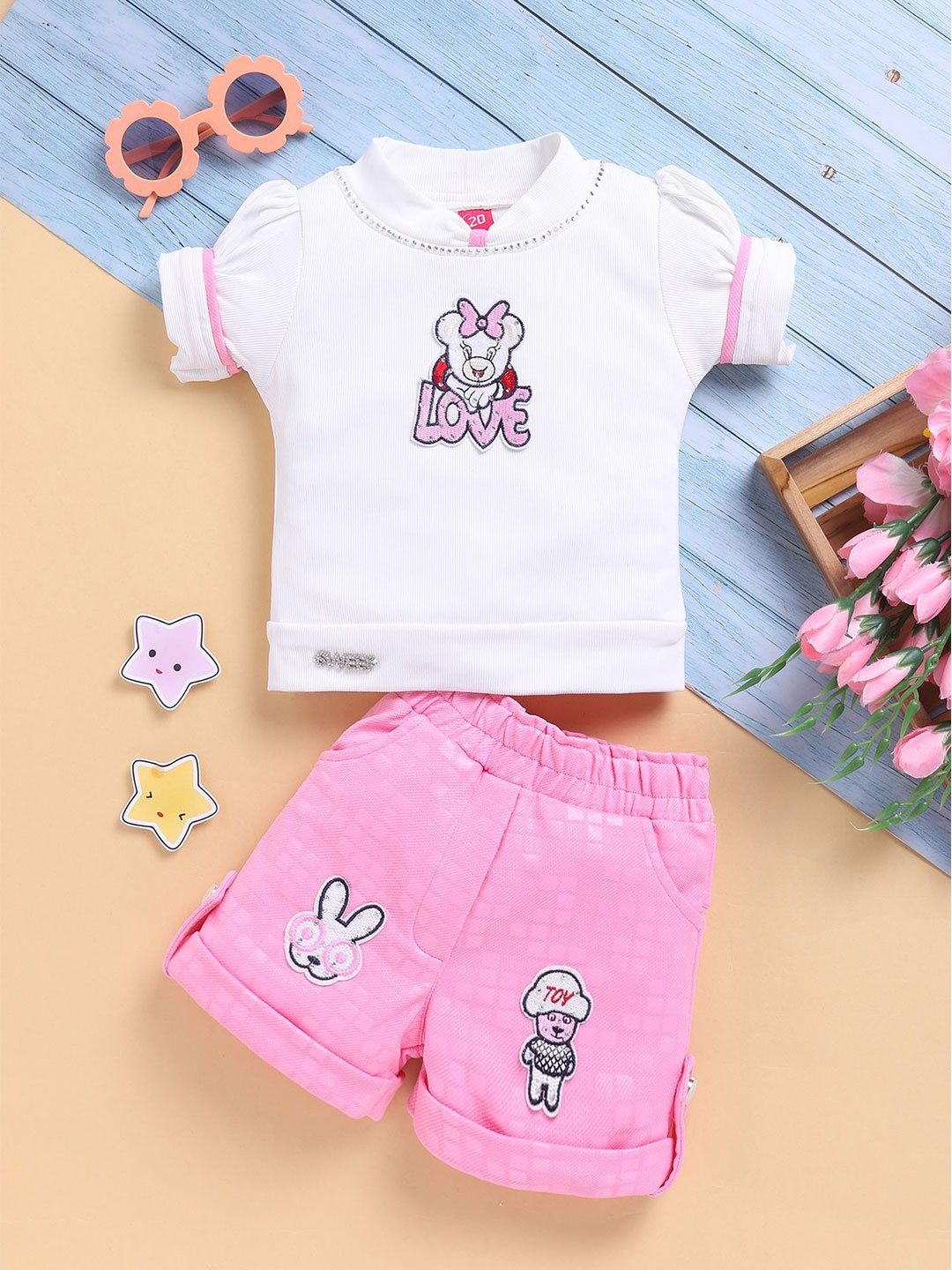 

Toonyport Girls Printed Round Neck Top with Shorts, Pink