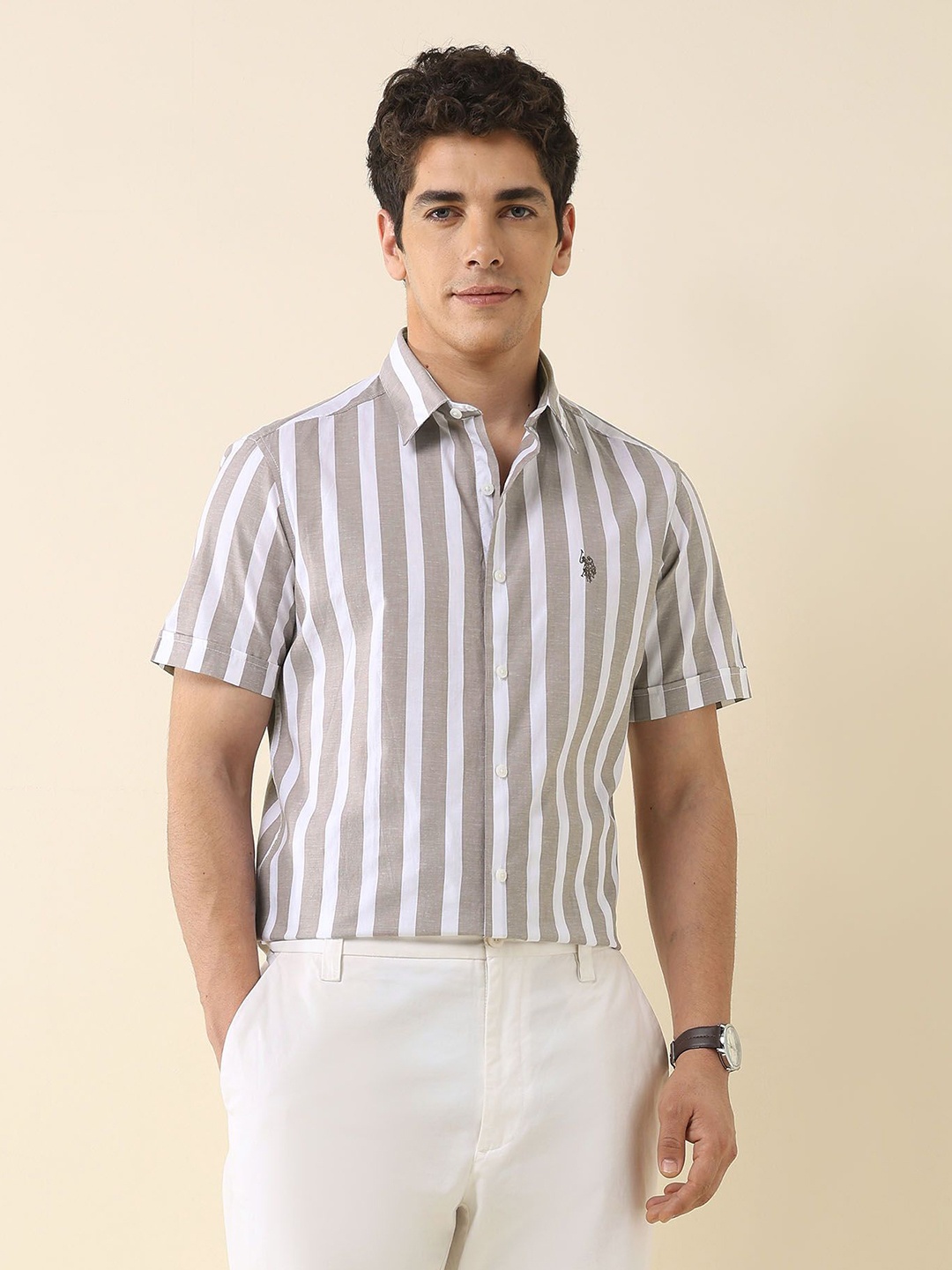 

U.S. Polo Assn. Men Classic Tailored Fit Vertical Striped Cotton Casual Shirt, Brown