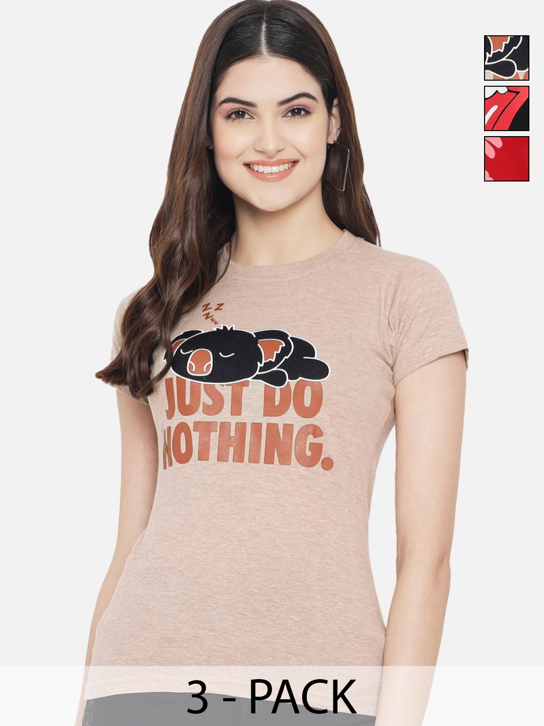 

Dreambe Pack Of 3 Typographic Printed Round Neck T-shirt, Brown