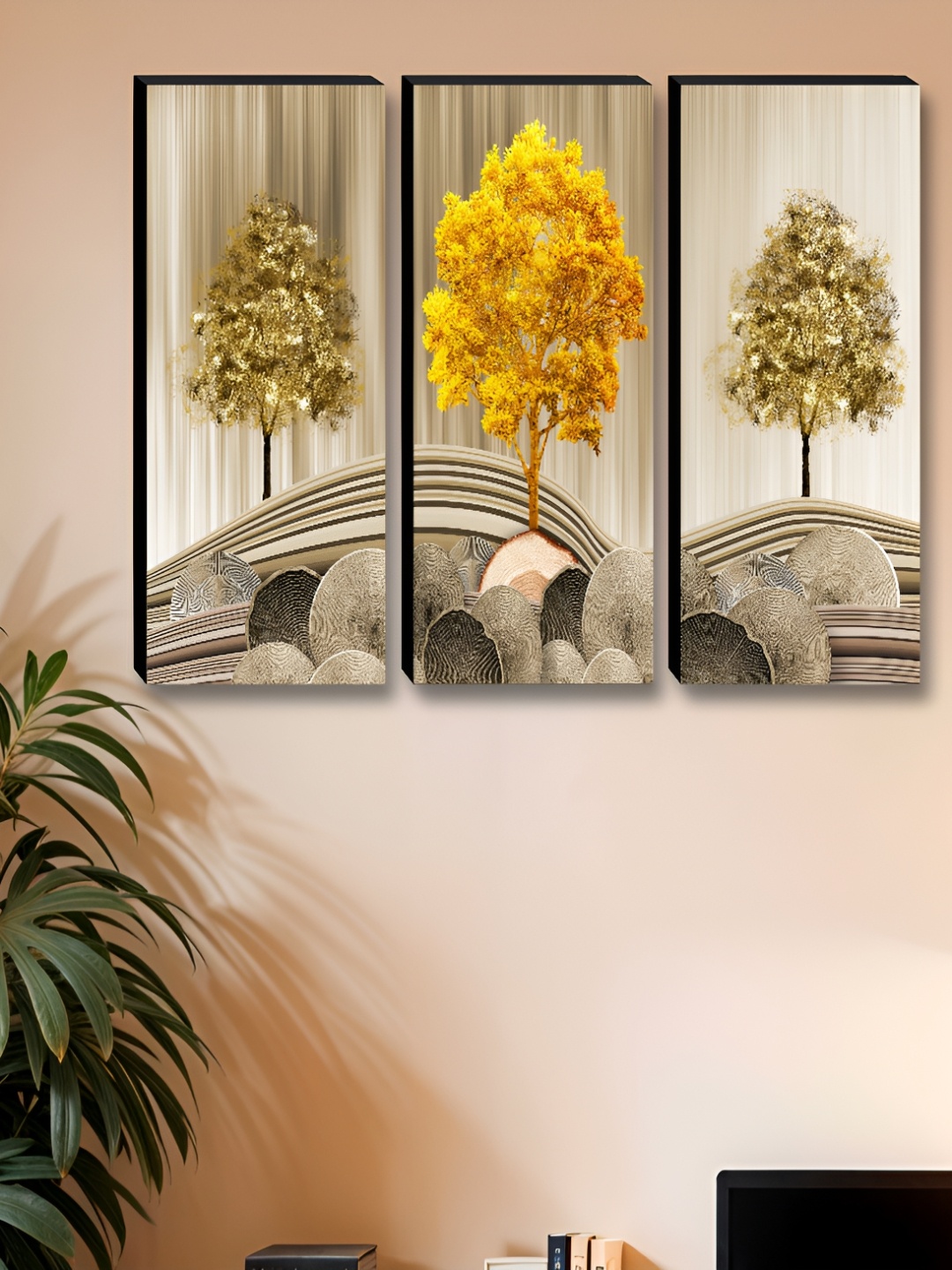 

Myntra Elegant Homes Gold-Toned & Brown 3 Pieces Tree Printed Wooden Wall Paintings