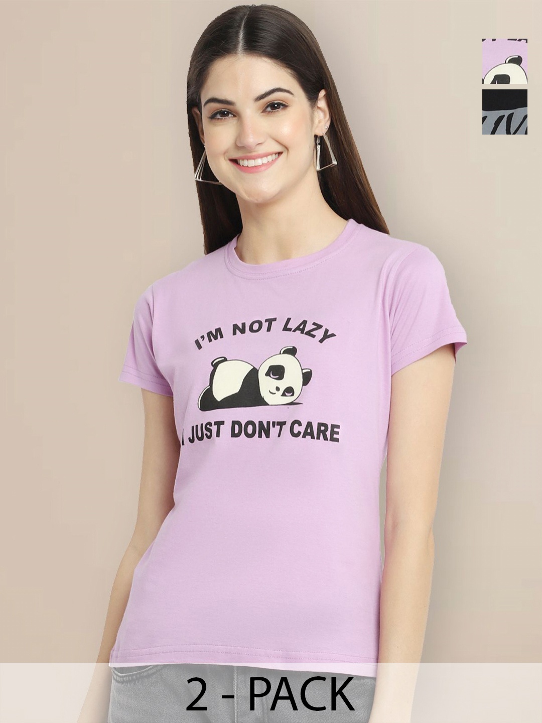 

GLOBAL NOMAD Women Pack of 2 Typography Printed Round Neck Cotton T-shirts, Lavender