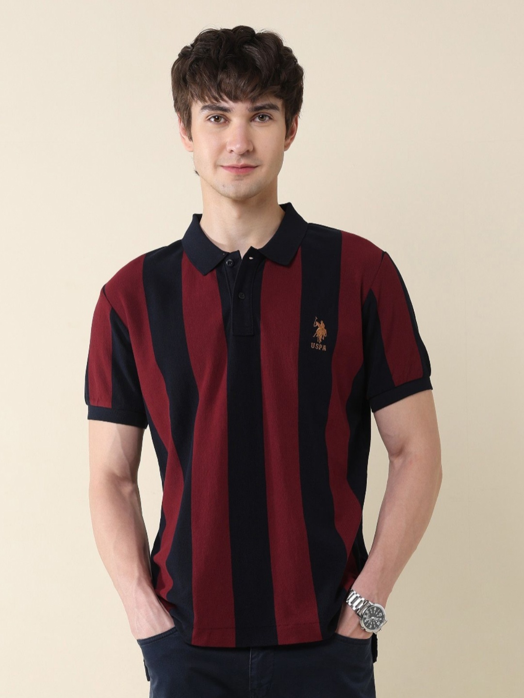 

U.S. Polo Assn. Men Striped Polo Collar Cotton Slim Fit T-shirt, Red