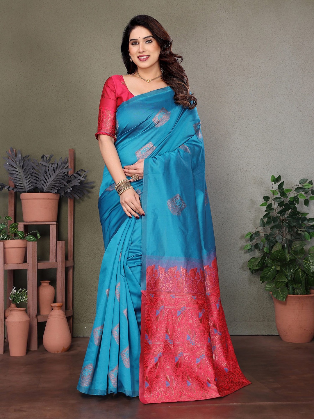 

ROOP SUNDARI SAREES Woven Design Zari Pure Silk Banarasi Saree, Turquoise blue