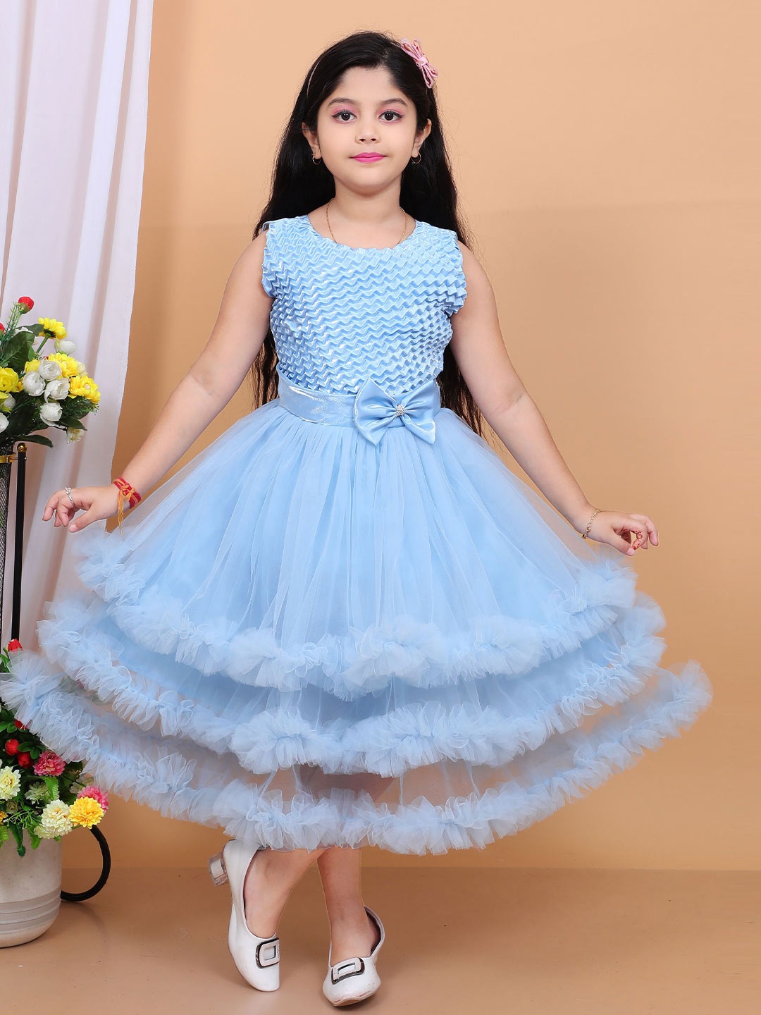 

MT SAHIN DRESSES Girls Solid Round Neck Fit & Flare Midi Dress, Blue