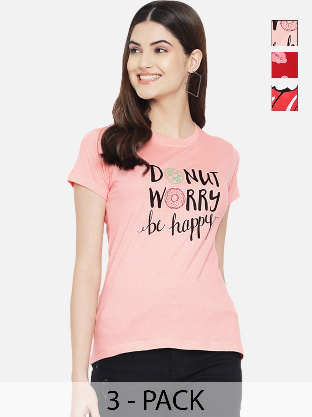 

Dreambe Women Pack of 3 Typography Printed Round Neck Cotton T-shirts, Peach