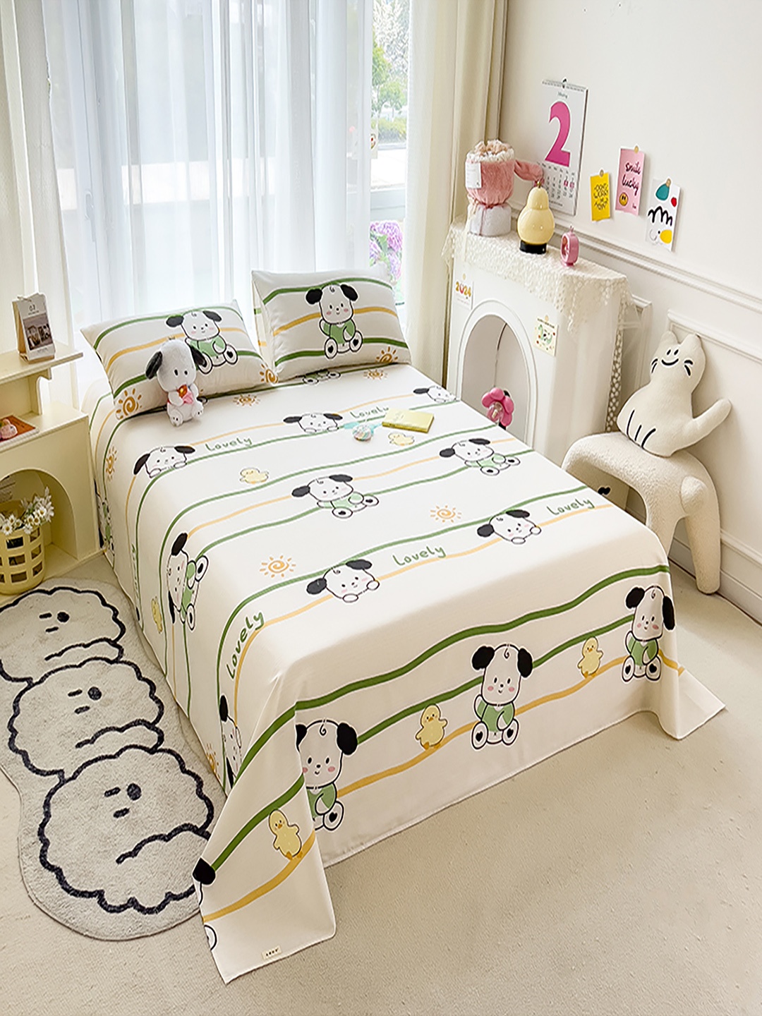 

JC HOME Off White & Green Graphic 140 TC King Bedsheet with 2 Pillow Covers