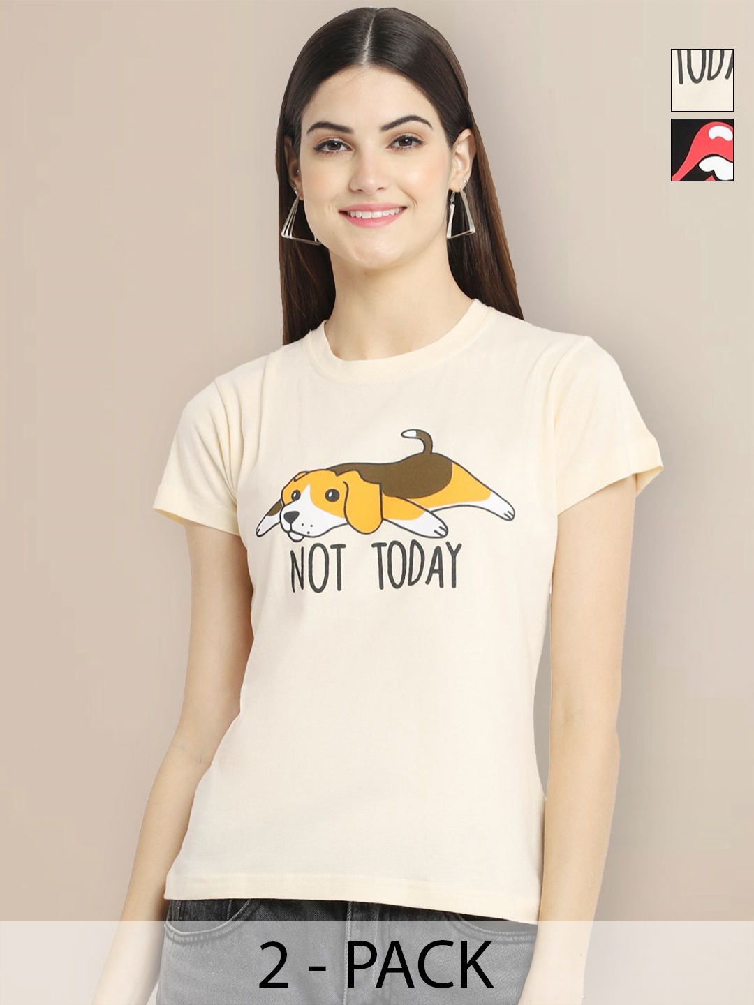 

GLOBAL NOMAD Women Pack of 2 Graphic Printed Round Neck Cotton T-shirts, Cream