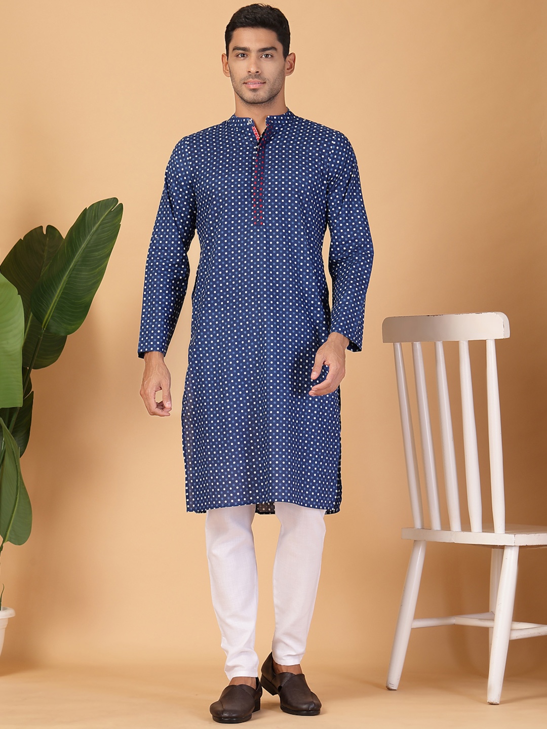 

FABRIC FITOOR Polka Dots Printed Thread Work Band Collar Pure Cotton Straight Kurta, Blue