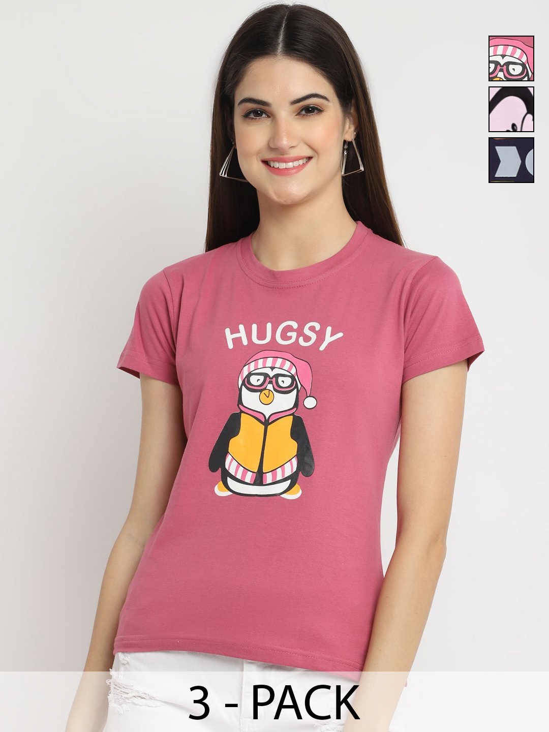 

Dreambe Women Pack of 3 Graphic Printed Round Neck Cotton T-shirts, Mauve