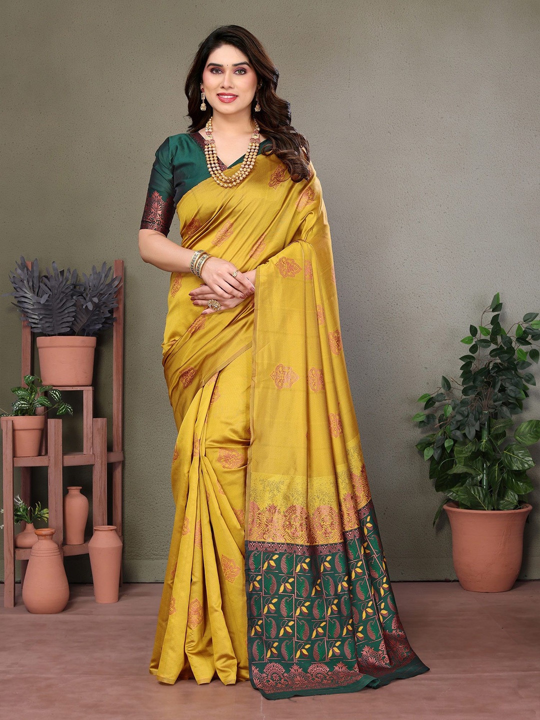 

ROOP SUNDARI SAREES Woven Design Printed Zari Pure Silk Banarasi Saree, Mustard