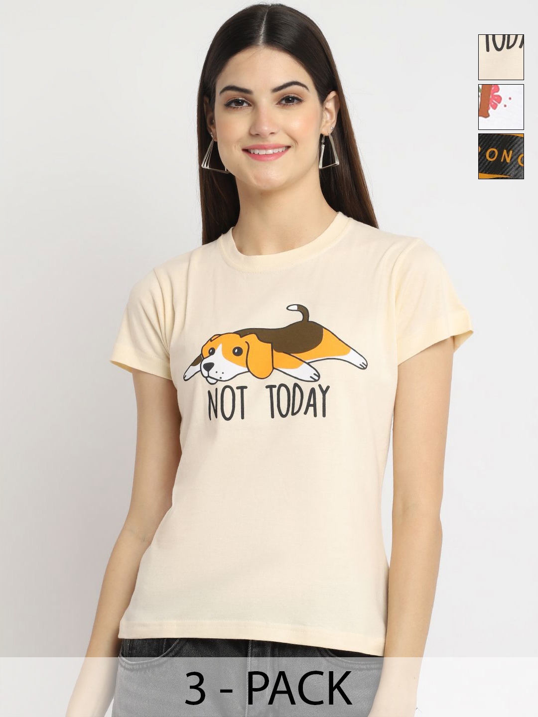 

Dreambe Women Pack of 3 Graphic Printed Round Neck Cotton T-shirts, Cream