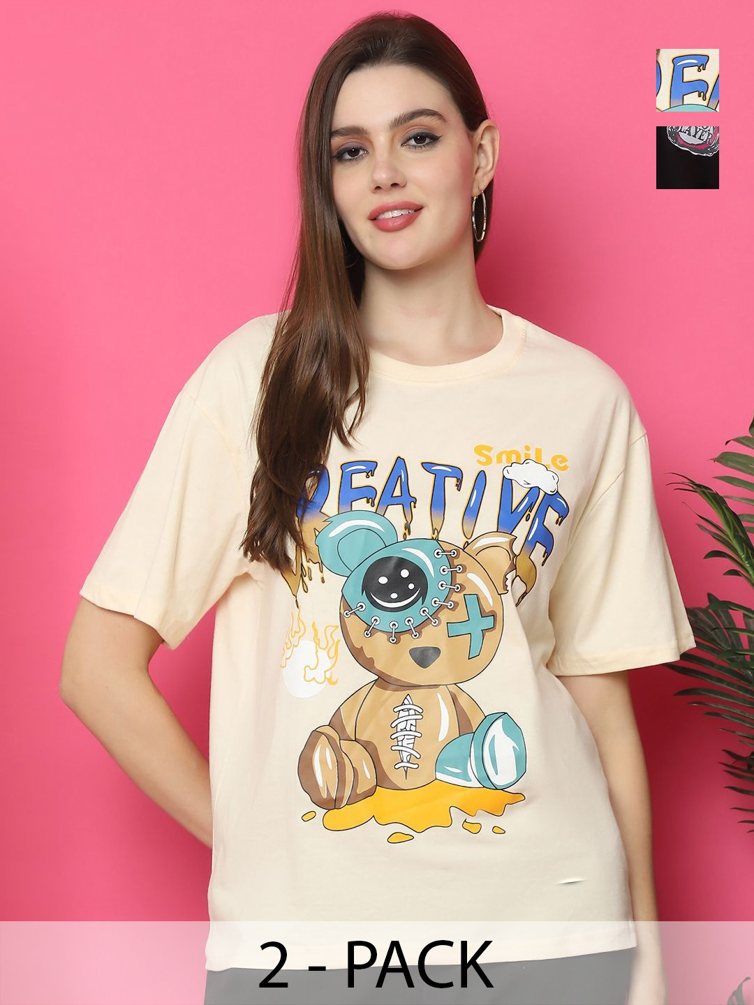 

GLOBAL NOMAD Women Pack Of 2 Graphic Printed Round Neck Cotton Oversized T-shirts, Yellow