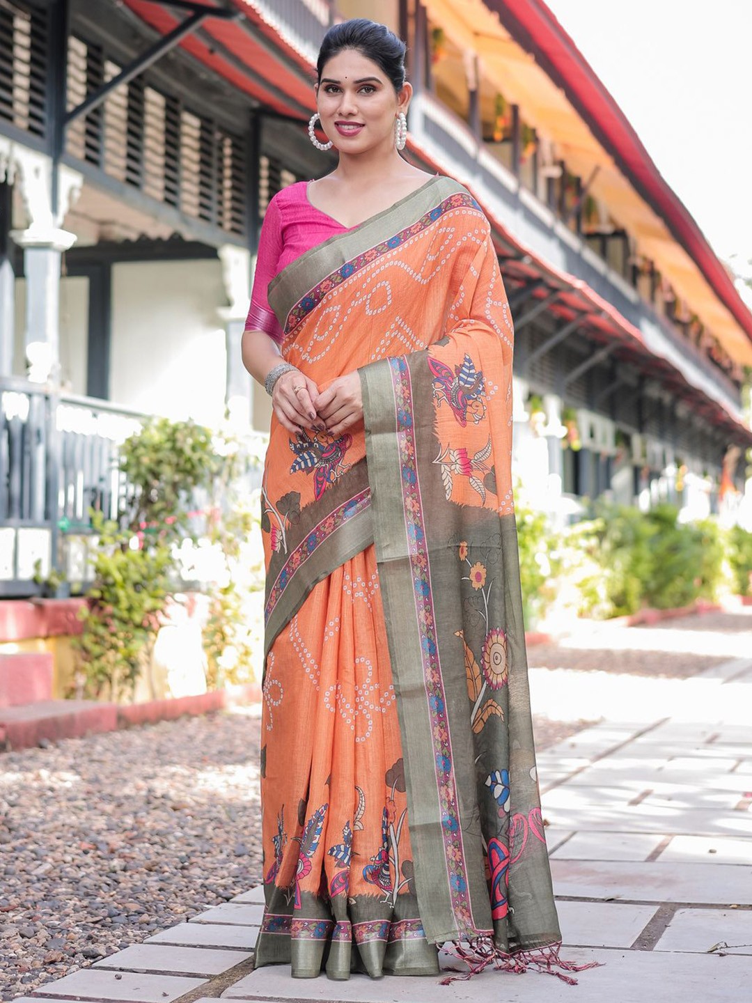 

ALMAARI FASHION Floral Printed Pure Cotton Banarasi Saree, Yellow