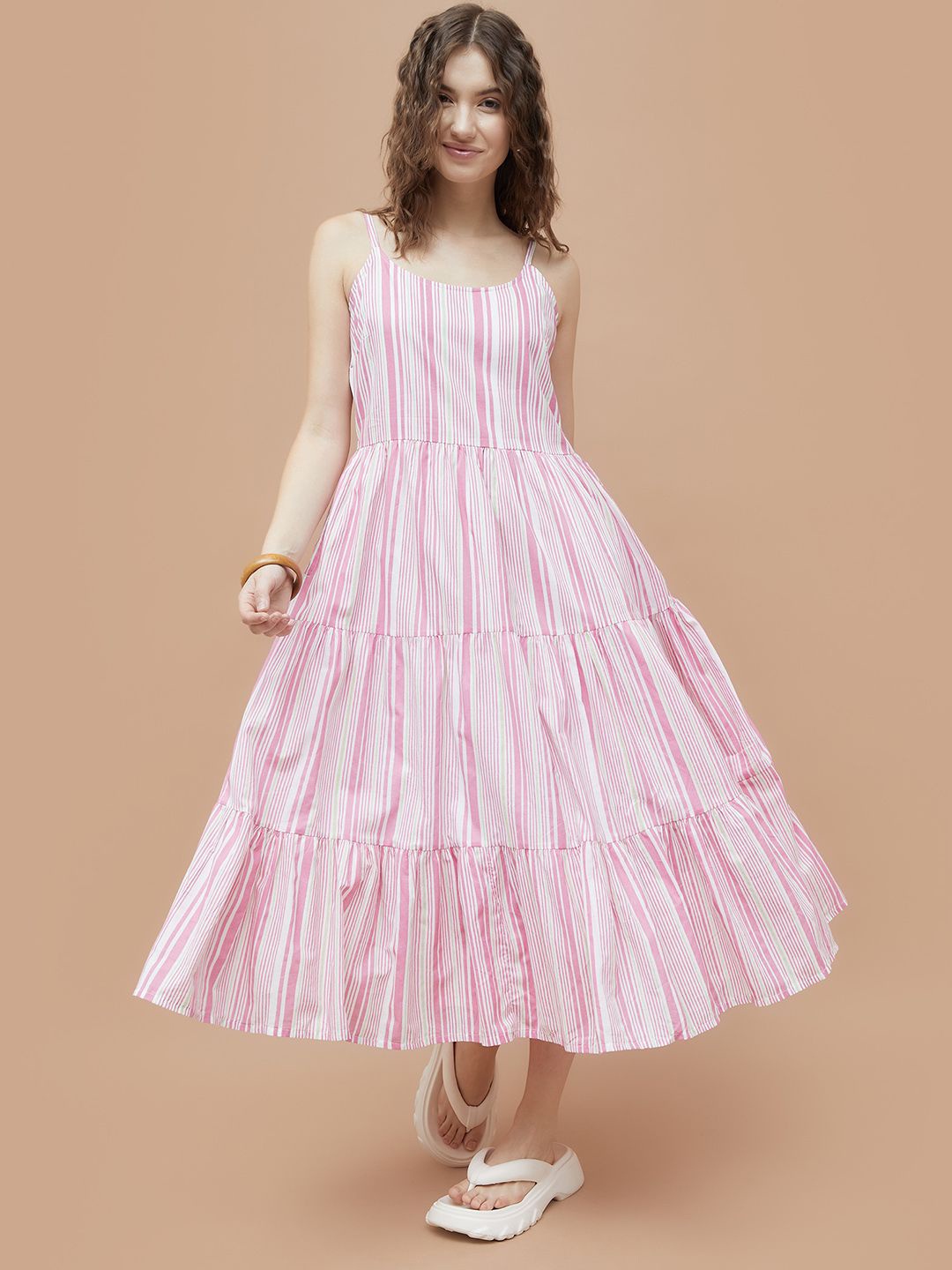 

Colour Me by Melange Striped Print Off-Shoulder Fit & Flare Maxi Dress, Pink