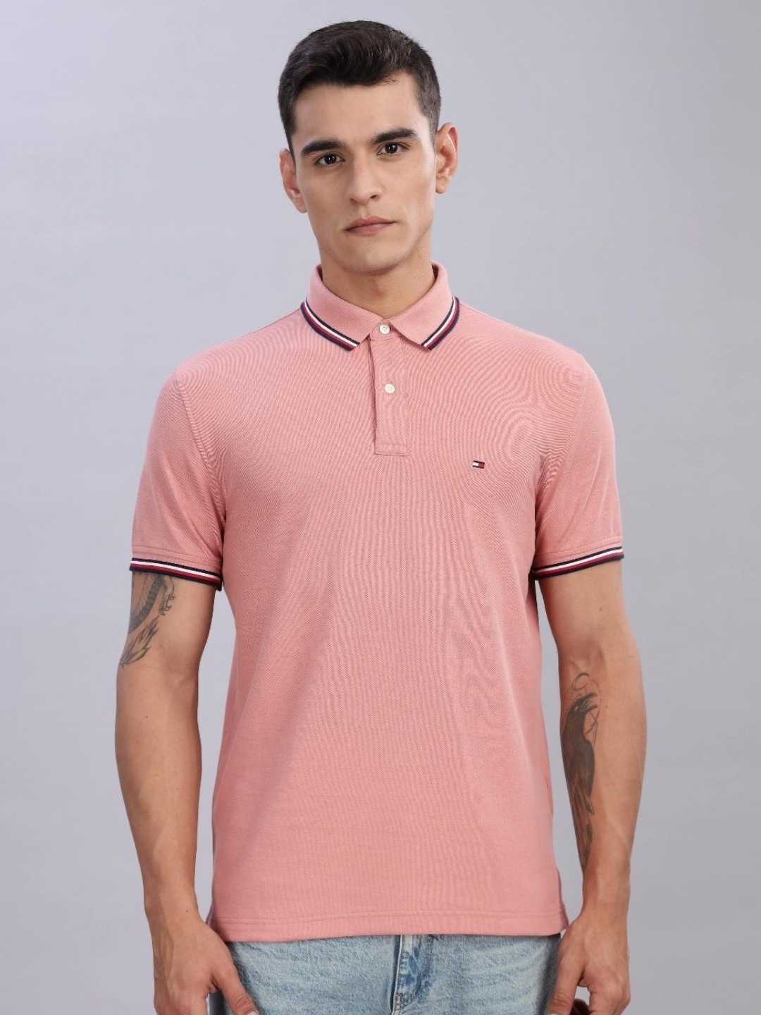 

Tommy Hilfiger Men Solid Polo Collar Cotton T-shirt, Pink