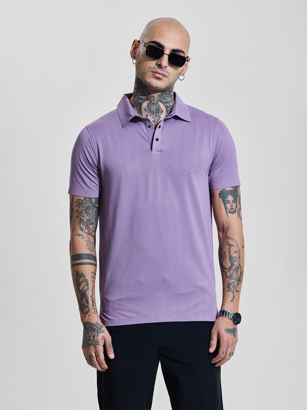 

Snitch Men Self Design Polo Collar Slim Fit T-shirt, Purple