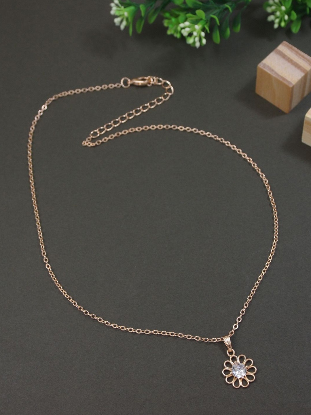 

V FASHION JEWELLERY Rose Gold-Plated Stone Studded Floral Shaped Pendants With Chains
