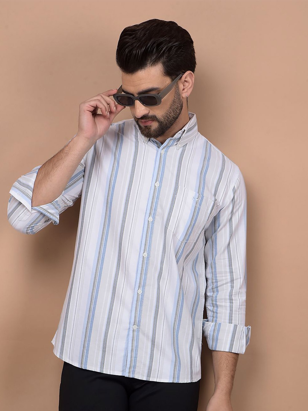 

Crimsoune Club Men Striped Classic Slim Fit Cotton Casual Shirt, White