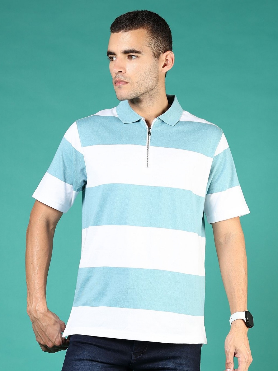 

V-Mart Men Striped Polo Collar Cotton T-shirt, Blue