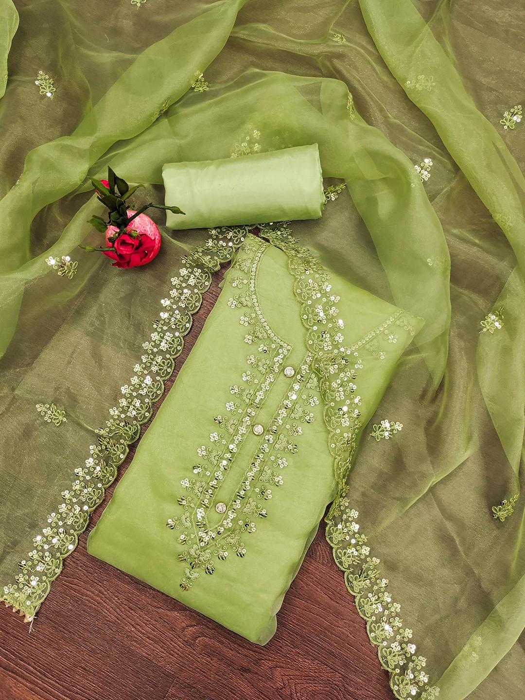 

SHADOW & SAINING Floral Embroidered Sequinned Organza Unstitched Dress Material, Green