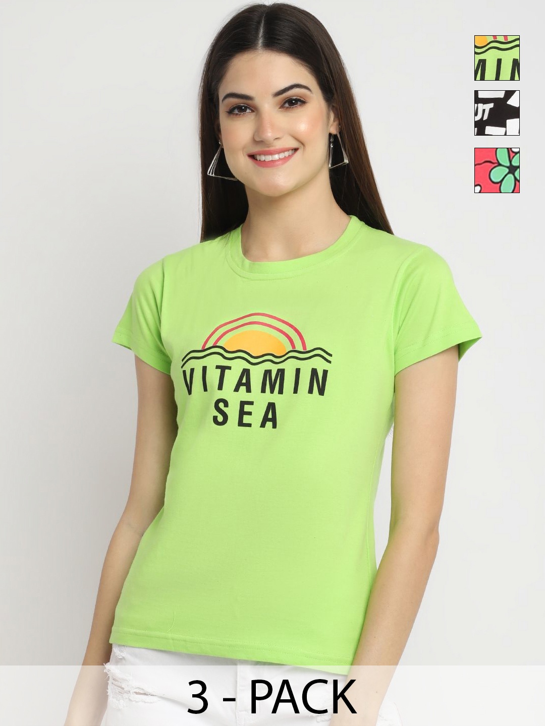 

Dreambe Women Pack of 3 Typography Printed Round Neck Cotton T-shirts, Green
