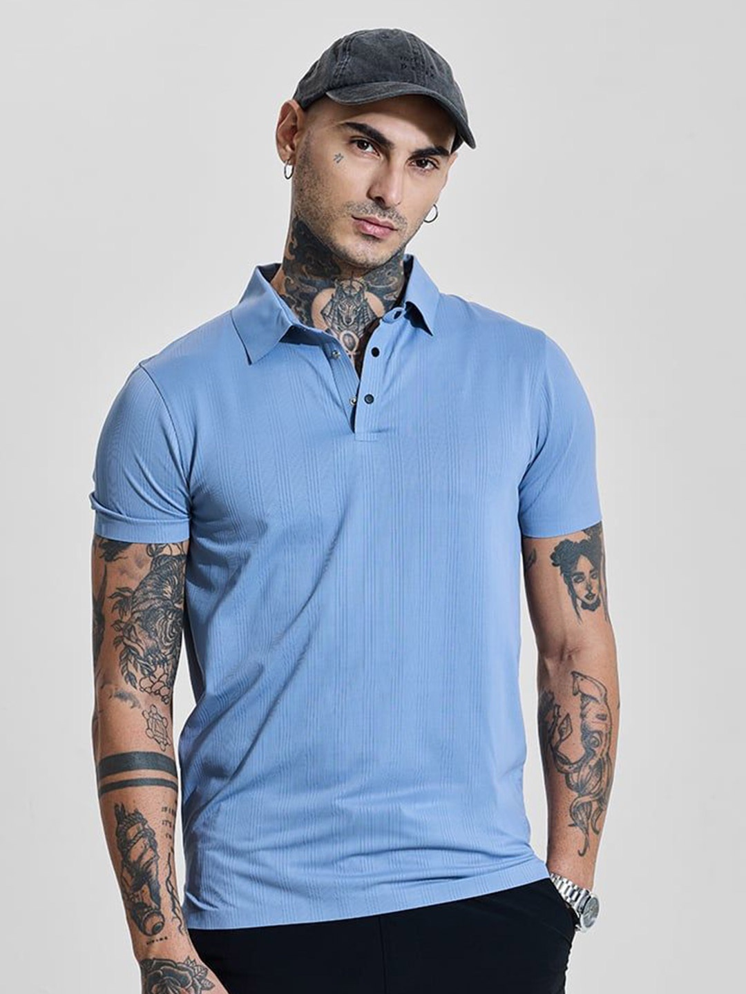 

Snitch Men Self Design Polo Collar Slim Fit T-shirt, Blue